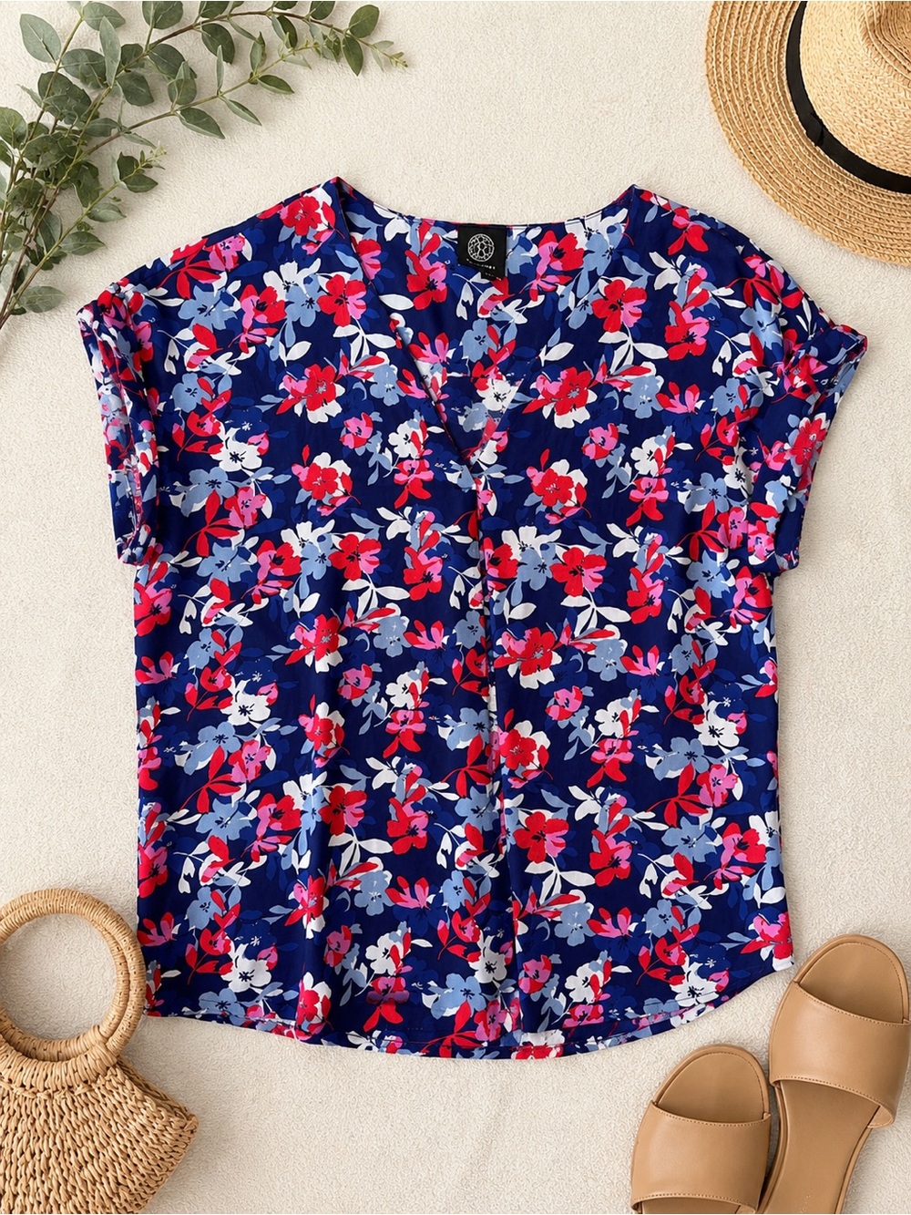 ♥️💙Bobeau Navy Floral V-Neck Blouse Red & Light Blue Print Sz Large♥️💙